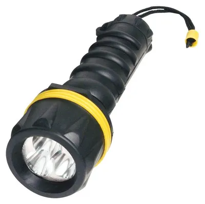 Imagen del producto de Linterna LED de goma Velamp, con 3 LEDs, resistente al agua, con correa para la mano. Se entrega sin baterías