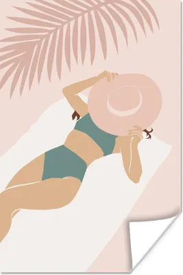 Produktbild von MuchoWow® Poster Frau - Hut - Strand 80x120 cm - Papierdruck