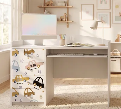 Produktbild von Jugendschreibtisch Weiß 125x60 cm für Kinder Teenager, Schülerschreibtisch mit Motiv, Basteltisch Kindermöbel viel Stauraum, KI-generiertes Bild