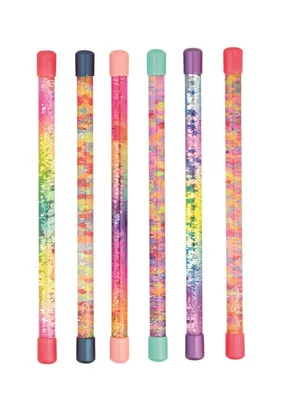 Six colorful glitter wands arranged vertically against a white background.