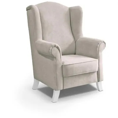 Image de Fauteuil Wing Leonardo en velours avec pieds en bois pour salon ressorts ondulés, tissu : aston 02 - beige, couleur des pieds : blanc