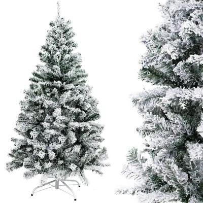 A flocked artificial Christmas tree with a white metal stand, shown against a white background.