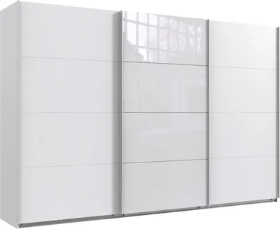 Produktbild von wimex Schwebetürenschrank, weiß/Glas, 313x64x210cm, Modern, aus Faserplatte, Stoff, Metall, inkl. Stoffboxen, Leinen-Innendekor grau, weiße Metallgriffleisten, alufarbene Kleiderstangen, Böden 10kg, Kleiderstange 40kg