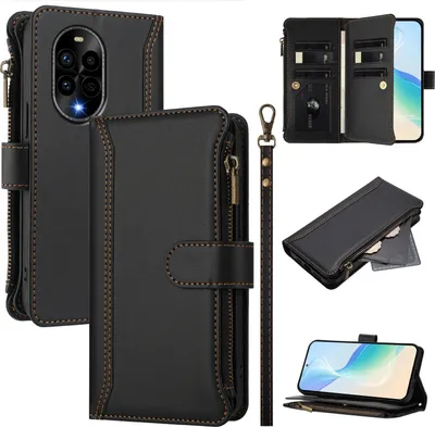 Image de Etui pour Huawei Nova 13 Pro, zippé, étui portefeuille en cuirPolyuréthaneavec pochettes pour cartes, support et dragonne noir
