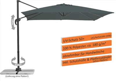 A dark gray cantilever umbrella is shown with its base and descriptive text panels.