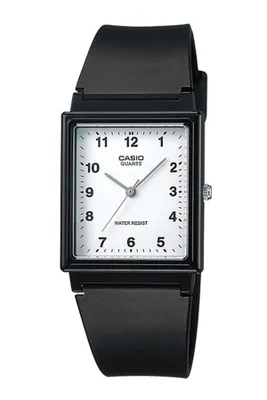 A black Casio watch with a white face is shown against a white background.