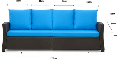 A front view of a dark gray outdoor sofa with bright blue cushions, featuring measurement annotations.