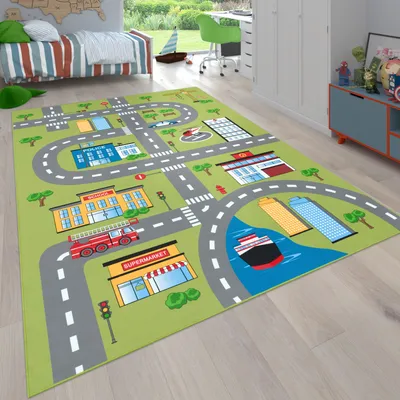 Immagine prodotto di Tappeto per camera bambini Tappeto per bambini Tappeto da gioco Motivo strade e automobili Verde Grigio Dimensioni 160x220 cm