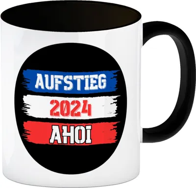 Produktbild von Kiel Aufstieg 2024 Kaffeebecher in schwarz mit Spruch Ahoi