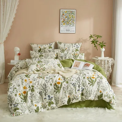 Produktbild von Bettwäsche Set 220x240 cm Baumwolle Blumen Weiß Grün 2 Kissenbezüge 80x80 cm