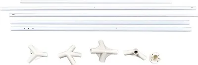A collection of white plastic pipes and connectors, likely for a tent or frame structure, laid out on a white background.