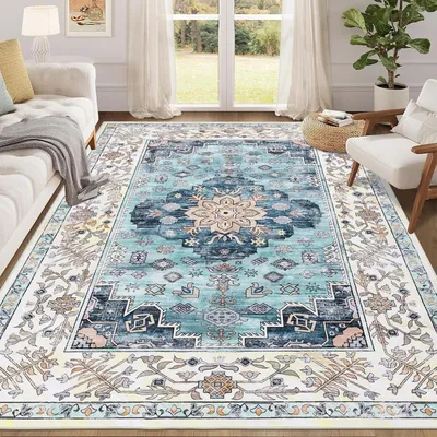 Immagine prodotto di Tappeto grande, 160 x 230 cm, turchese, stile bohémien, pelo corto, antiscivolo, lavabile