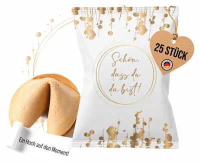Produktbild von Glückskekse Hochzeit 25er Set weiß gold – Schön, dass du da bist