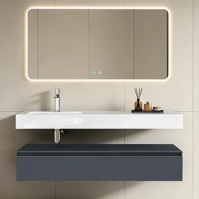 Image de doporro Meuble de Salle de Bain Gris Noir Mat Ensemble de 3 Pièces Meuble avec Lavabo 150cm et LED Miroir Design Up avec 2 Grands Tiroirs