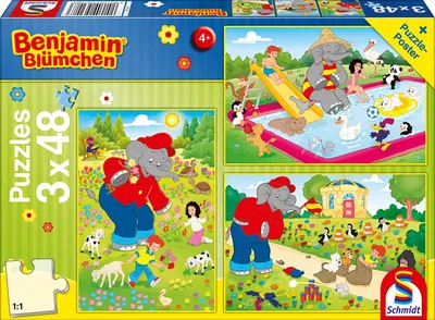 Image de 3 x 48 pièces Schmidt Spiele Kinder Puzzle Benjamin Blümchen Sommerzeit 56208