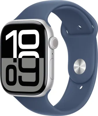 Image de Apple Watch Series 10 GPS + Cellular 46mm en aluminium argenté avec bracelet sport Denim Blue M/L.