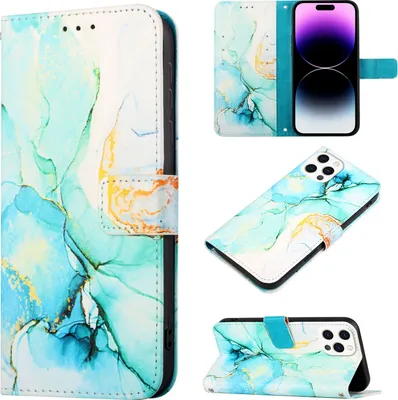 Produktbild von iPhone 14 Pro Hülle, Marmor Motiv Kunstleder Tasche Wallet Kartenfächer mit Standfunktion Klapp Schutzhülle für iPhone 14 Pro Grün