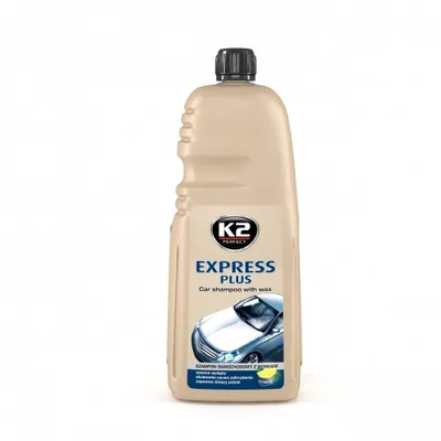 A bottle of K2 Express Plus car shampoo with wax is shown against a white background.