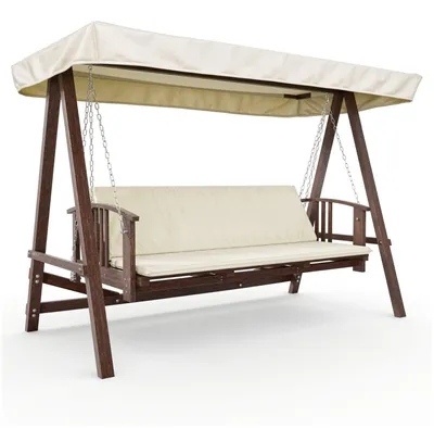 Produktbild von di volio Hollywood Schaukel ESTRI – 3-Sitzer Gartenschaukel aus Lärchenholz mit Liegefunktion und Sonnendach, wetterfeste Schaukelbank (Creme)