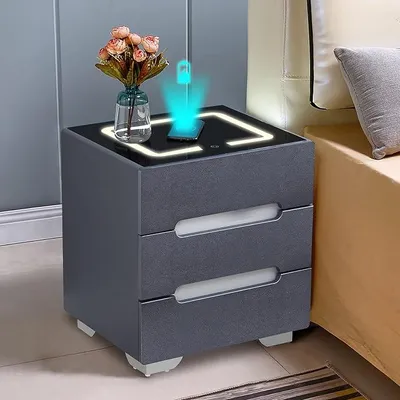 Imagen del producto de Mesa de noche inteligente Silecomplaza con función de carga inalámbrica para teléfonos móviles, mesa de noche con luz LED, 3 cajones, mueble para dormitorio, cómoda, muebles para sala de estar y dormitorio, color gris