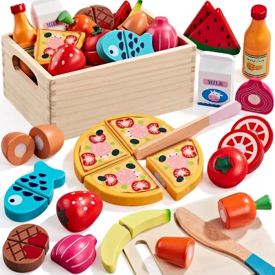 Produktbild von Holzspielessen Set 29-teilig, Schneidepizza, Obst und Gemüse, Aufbewahrungsbox, für Kinderküche
