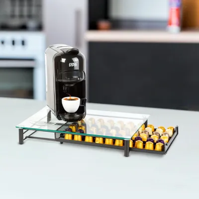 Produktbild von Metall-Kaffeekapselhalter mit Schublade - für 60 Nespresso-Kapseln - Kapselhalter mit Glasplatte - platzsparend unter der Kaffeemaschine - mattschwarz - 410 X 260 X 60 Mm [BW0999], KI-generiertes Bild