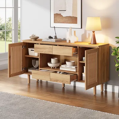 Immagine prodotto di Mobile contenitore STILVORA con 4 cassetti e 2 ante a listelli, pensile con 5 gambe in legno massello, armadio contenitore in MDF, finitura in legno