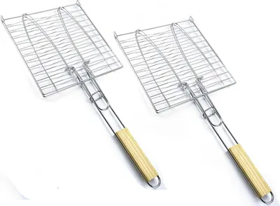 Produktbild von 2er Set Fischbräter | 23,5 x 23,5cm Fischgriller für Grill mit Holzgriff | Fischkorb für 2 Fische | Fischhalter mit Klammer | Fisch-Grillzange für Gemüse, Garnelen | faltbare Fischzange | Grillzubehör