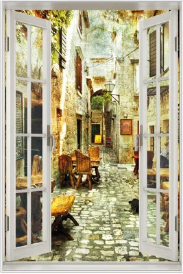 Produktbild von Wallario Wandbild mit Fenster-Illusion: Italienische kleine Gasse, Größe: 61 x 91,5 cm, Poster mit weißem Aluminiumrahmen
