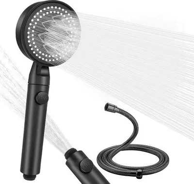 Produktbild von Famanu Handbrause mit 1,5 m Schlauch, 5 Strahlarten, wassersparende Regendusche, schwarze Handbrause