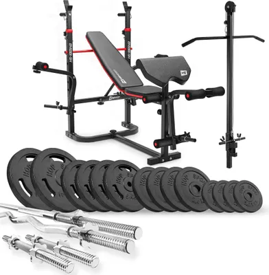 Obrázek produktu pro Posilovací lavice Hop-Sport HS-1065 + věž na stahování lat a stůl na kroucení - včetně 76 KG litinové sady závaží: činka, tyč na kroucení a činka, závaží/váhové desky