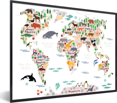 Produktbild von MuchoWow® MuchoWow® Gerahmtes Poster Weltkarte - Kinder - Tiere 80x60 cm - Poster mit zchwarzem Bilderrahmen - Schwarzem - Mit Gestell