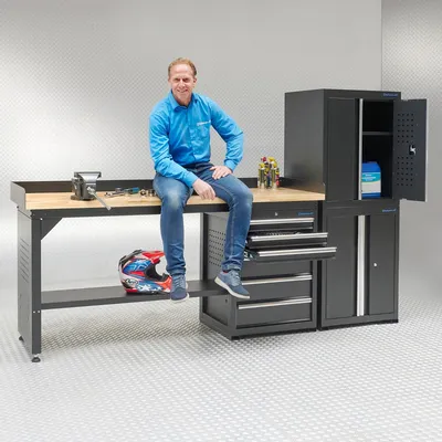 Produktbild von Werkbank 200 cm BAMBUS - 2 Türenschränke und 1 Schubladenschrank