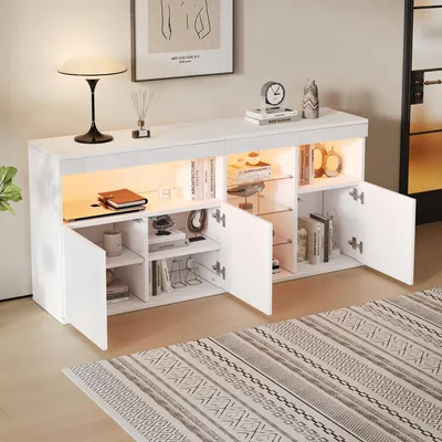 Immagine prodotto di Mobile contenitore da 155,5x35x72 cm, bianco, con tre ante, ripiani in vetro, vano aperto e illuminazione LED controllabile tramite app, ideale per il soggiorno