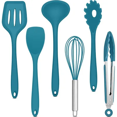 Immagine prodotto di Set di utensili da cucina in silicone, 6 pezzi, colore blu, antiaderenti, resistenti al calore, lavabili in lavastoviglie