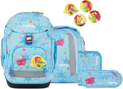 A collection of school supplies including a backpack, a pencil case, and stickers, all featuring a blue background with stars and cartoon characters.