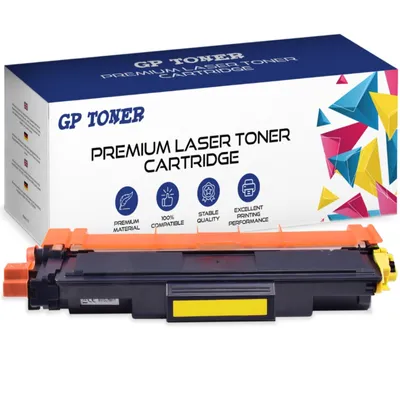 A yellow toner cartridge and its packaging are shown against a white background.