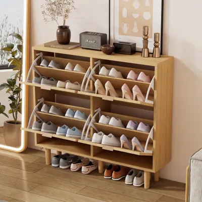 Produktbild von Schuhschrank mit 4 Klappschubladen, Schuhkommode aus Rattan mit Metallgriffen, Schuhregal für Flur, Schlafzimmer, Wohnung,Holzmöbel, Landhausstil,Light Oak ，Maße: 100 x 25 x 90 cm