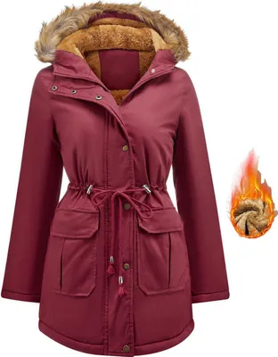 Produktbild von ASKSA Damen Wintermantel Winterjacke mit Fellkapuze Dicker Warm Winterparka Zipper Mantel Parka Winddicht Fleecejacke uebergangsjacke (Weinrot,L)