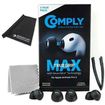 Image de Bouchons d'oreille Comply TrueGrip MAX pour AirPods Pro 3, noir, taille L, avec chiffon