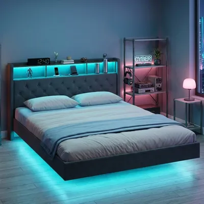 Image de BEALIFE : Lit rembourré 140x200 cm avec sommier à lattes et éclairage LED | Lit suspendu silencieux avec prise de courant et étagère à la tête de lit | Beige/Gris foncé | AF19