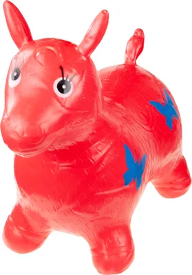 A red inflatable bouncing donkey horse toy with blue butterfly accents on a white background.