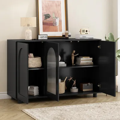 Produktbild von okwish Schwarzes Sideboard Wohnzimmerschränke mit verstellbaren Einlegeböden und Push-to-Open-Mechanismus,Anrichte Flurschrank mit Stauraum.