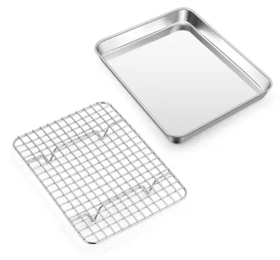 Productafbeelding van Bakplaat met afkoelrooster - Roestvrijstalen cakeblik - Voor het bakken en afkoelen - 23,6 x 17,8 x 2,5 cm