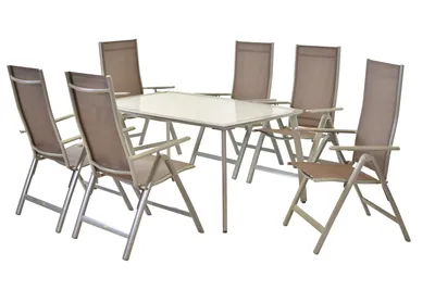 Produktbild von Merxx Gartenmöbelset Carrara 7tlg., 6 Klappsessel taupe, 1 Tisch 150 x 90 cm - Aluminium/Textil