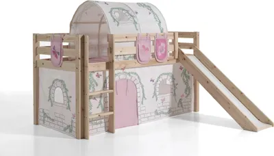 Produktbild von Spielbett Pino inkl. Rutsche mit Textilset Vorhang, Tunnel und 3 Taschen "Birdy"