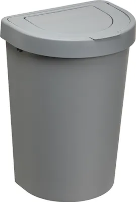 A gray trash can with a lid, shown against a white background.