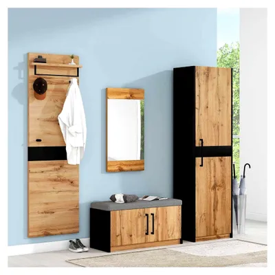 Produktbild von Praktische 4-teilige Wandgarderobe mit Spiegel und Sitzbank, Garderoben-Set, kompakte Garderobe mit 4 Kleiderhaken, Stangen und Ablage