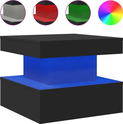 Close-up view of a black coffee table with blue LED lighting.
