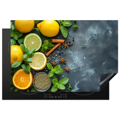 Obrázok produktu pre KitchenYeah® Kryt varnej dosky ovocie - betón - rastliny - citrón - škorica, 77x51cm, kuchynská dekorácia, keramický kryt varnej dosky, kryt varnej dosky